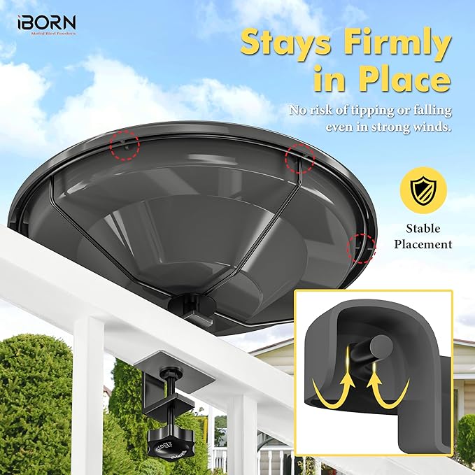 iBorn Bird Bath,Deck Mounted Bird Baths 12inch,Birdbath for Outside with Clamp 3.2inch,BPA-Free Bowl,Chew-Proof,Fully Detachable Design,Easy Clean & Refill,Gray,1 Pack（Not Include Fountain）