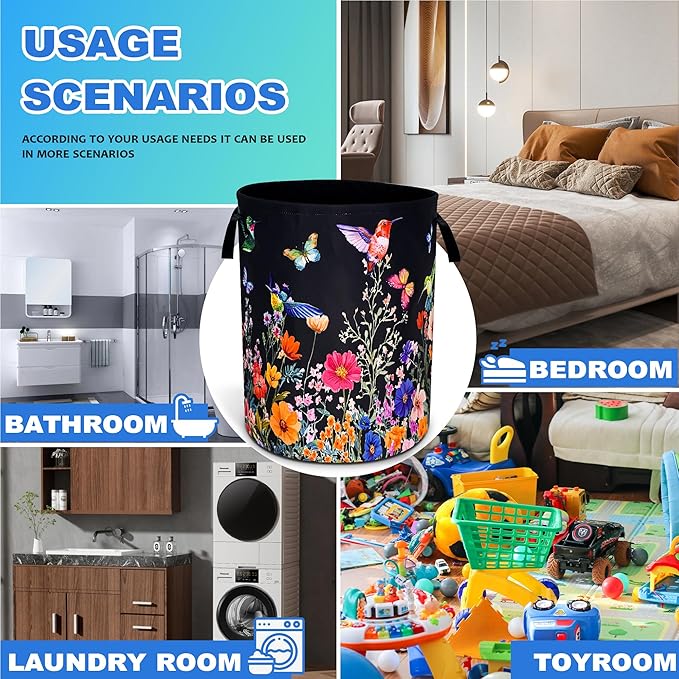Hummingbird Flowers Laundry Basket Oxford Cloth Butterflies Laundry Hamper With Handle Foldable Portable Clothes Storage Basket 18.9 X 16.5 In Storage Bag For Laundry Room/Bathroom/Bedroom/Dormitories