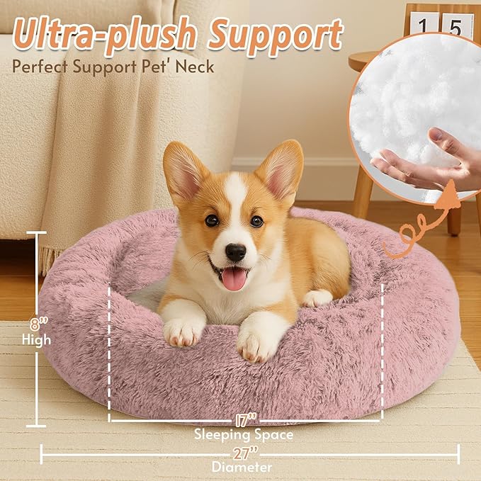 JOLLYVOGUE Small Dog & Cat Beds for Indoor Cats, Donut Cuddler Warming Soft Dog Beds with Anti-Slip Bottom, Round Calming Fluffy Plush Faux Fur Cushion Bed for Medium Dogs (27", Dark Pink)