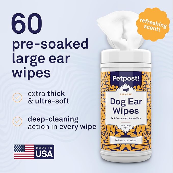 Petpost Large Dog Ear Cleaner Wipes | Ultra Soft XL Cotton Pads in Coconut Oil Aloe Solution | Remedy for Dog Ear Rinse & Cleanser 60 ct.