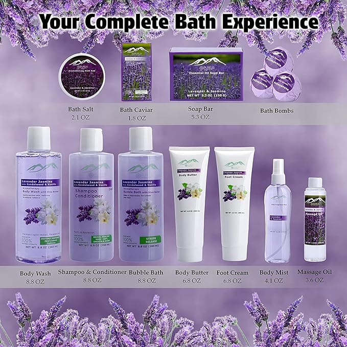 Gift Baskets for Women. Relaxing Lavender Bath Gifts for Her Spa Basket is Filled with All Natural Spa Goodies! Sulfate & Paraben Free. Spa Gifts for Women.