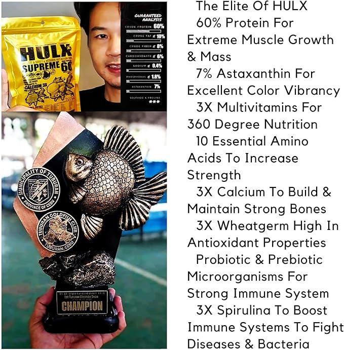 HULX Goldfish Food Sinking Pellets for Big Muscle & Mass Weight Gain, Whey Mixed High Protein 60%, Astaxanthin 7% Fish Food Growth Fast Formula 1.32 Lb.(600 Gram.) 1mm, Healthy, Color Enhancing