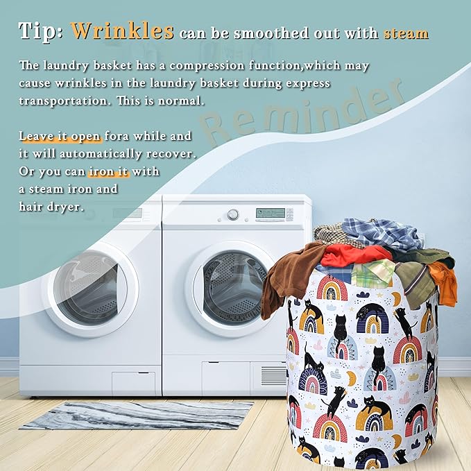 Boho Rainbow Cute Cats Laundry Basket Foldable With Handles Tote Bag Oxford Cloth Funny Cat Laundry Hamper Clothes Storage Bucket Toy Organizer 18.9" x 16.5" For Bathroom/Laundry/Bedroom