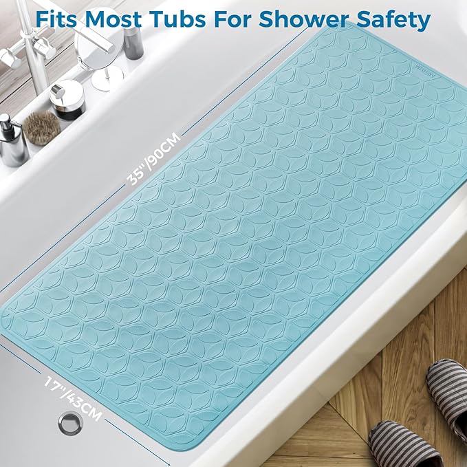 WRISIN Bathtub Mat Non Slip with Suction Cups - 100% Rubber Bathroom Mat Textured for Bath Tub Shower Safety - Soft on Touch - BPA/PVC Free - Pet Dog Bath Mat - Machine Washable - 17 × 35 Inch（Blue）
