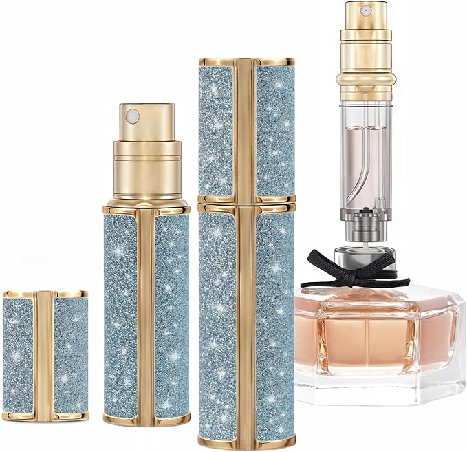 AE00BL Sparkling Travel Perfume Bottle, 5ml Mini Perfume Atomizer Sprayer, Glitter Diamond Pump Fill Perfume Bottle for Traveling, Vacation & Bussiness (Sparkling Blue)