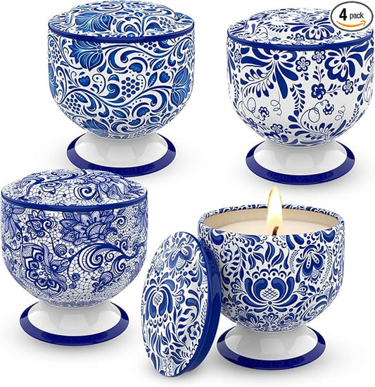 Christmas Scented Candles Gift Set for Home Women Soy Wax Freesia, Vanilla, Rosemarry&Lavender, Cedar&Amber&Musk Aromatherapy Candles in Blue and White Tins, Set of 4