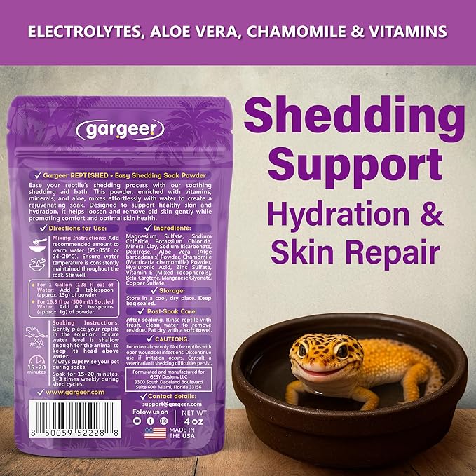 'ReptiShed' Shedding Aid Soak Powder for Reptiles | Stuck Shed Remover for Dragons, Geckos, Lizards, Snakes | Aloe, Chamomile, Hyaluronic Acid | Bath Supplement | Made in The USA. Enjoy!