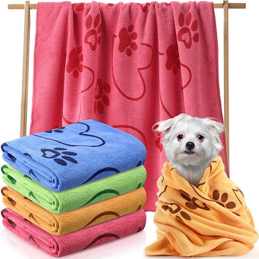4 Pcs Dog Bath Towels Microfiber Drying Dog Towel Absorbent Pet Heart Paw Towels for Medium Dogs Puppy Cats Pets Shower(Blue, Yellow, Pink, Apple Green)