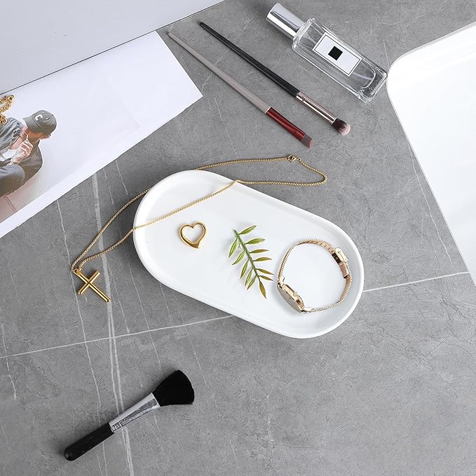 2 Pack White Round Soap Dispenser Tray - 8'' Ceramic Vanity Tray & Organizer Plate Set, Bathroom & Kitchen Countertop Decor for Soap Dispenser, Jewelry, Cosmetics, Sink