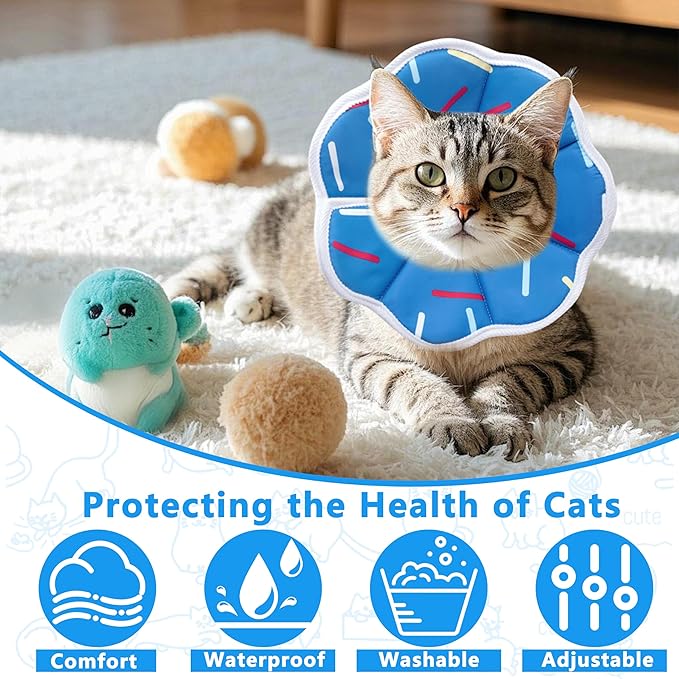 Soft Adjustable Cat Cone Collar, Comfortable Cat Recovery Collar Suitable for Various Types of Cats,Elizabethan Neck Protective Collar for Cats After Surgery (Blue Stripe, Small)