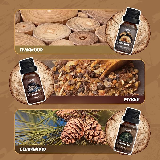 SALUBRITO Woody Fragrance Oils Set, Wood Essential Oil Set for Diffuse, Forest Pine, Sandalwood, Leather, Teakwood, Myrrh, Cedarwood Scented Oil for Candle, Soap Making