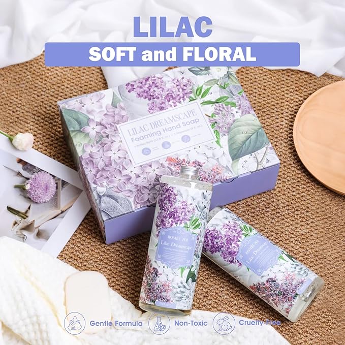 ROMIIE ZOI Lilac Foaming Hand Soap Refill Gift Set – 3 Pack (33.8 Fl Oz Each) with Refillable Dispenser, Soft Floral Scent, Moisturizing, Biodegradable & Chemical-Free Formula for Bathroom, Kitchen