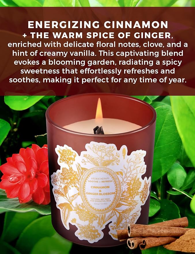 Cinnamon & Ginger Blossom Scented Candle - Large Wood Wick Soy Candle, 10.6 oz - Warm Fall & Autumn Aromatherapy Candle for Home - Long-Lasting, Clean Burn