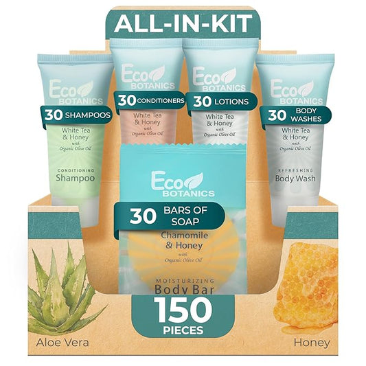 Eco Botanics Hotel Soaps & Toiletries Bulk Set | 1-Shoppe Amenities Kit | 0.85oz Shampoo & Conditioner, Body Wash, Lotion, 0.89oz Bar Soap | Travel Size | 150 Pieces