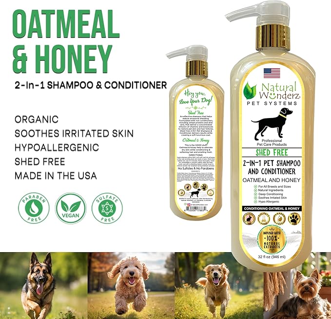 Pet Shampoo & Conditioner, Shed Free 2-in-1, Oatmeal and Honey, Hypoallergenic, Vegan, Natural Extract, for Healthy Skin & Coat, 32 Fl Oz, for Dry Itchy Skin, All Breeds, by Natural Wunderz