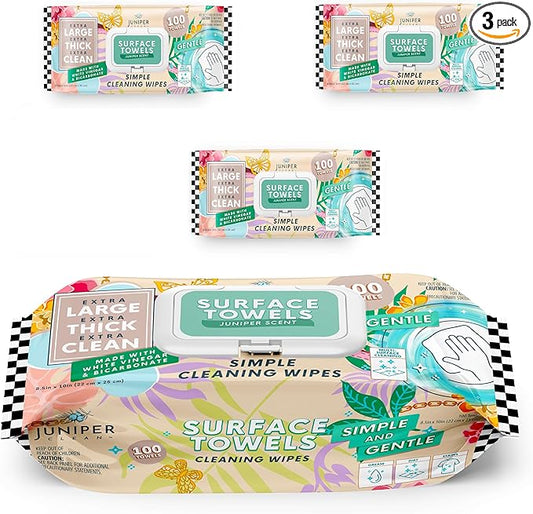 3 Packs Surface Cleaning Wipes Bleach Free, Thick & Large Dispose, All-Purpose Cleaner for Bathroom, Kitchen, Office, 300 Count Soft Flow, Biodegradable, Juniper Scent