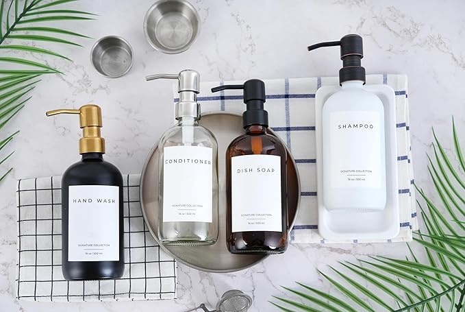 Emerson Essentials Soap Dispenser Set, Dish Soap for Kitchen, Bathroom Set - Hands and Dishes for Home, Farmhouse, Glass Soap Dispenser with Pump and Labels | 16 Oz, 2 Pack