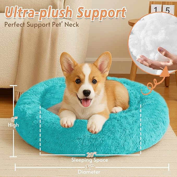 JOLLYVOGUE Small Dog & Cat Beds for Indoor Cats, Donut Cuddler Warming Soft Dog Beds with Anti-Slip Bottom, Round Calming Fluffy Plush Faux Fur Cushion Bed for Medium Dogs (31", Aqua Blue)