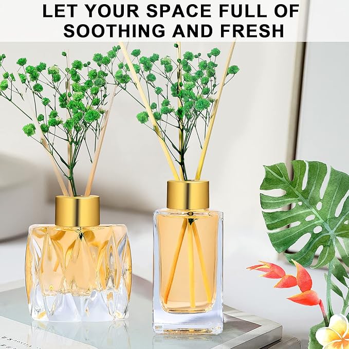 Diffuser Glass Bottles Set of 5 DIY Empty Clear Glass Fragrance Bottle with Gold Caps Reeds Sticks Vase Decorative Diffusers for Home Office Desk Decoration Wedding Replacement Girl Women