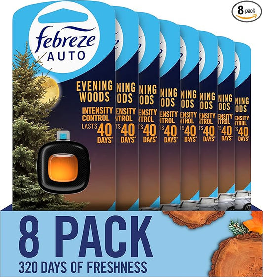 Febreze AUTO Air Freshener, Odor-Fighting Automotive Vent Clip, Evening Woods Scent, 8 Count