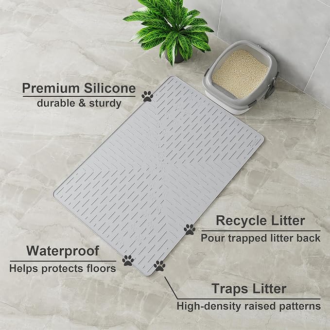 OHMO Cat Litter Mat XXL Trapping Mat Premium Silicone Rubber 37.5x25.2 Ash Grey, Waterproof and BPA Free Kitty Litter Box Mat, Easy to Clean and Keeps The Floor Tidy