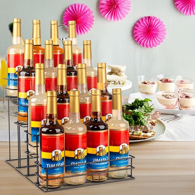 16 Bottle Capacity Coffee Syrup Organizer 4 Tier Coffee Syrup Stand Shelf for Coffee Bar Accessories for Coffee Bar Kitchen Small Wine Rack for Bar Family Storage for Syrup Wine Dressing