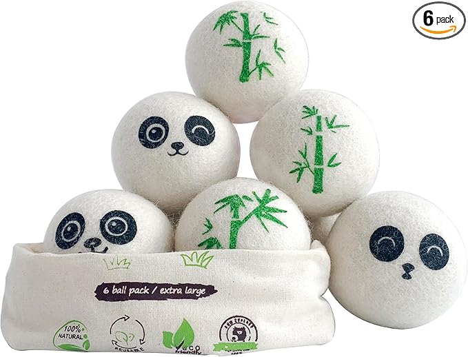 Wool Dryer Balls Laundry Reusable, 100% Natural New Zealand Wool Balls for Dryer, 6 in 1 Pack (Panda)