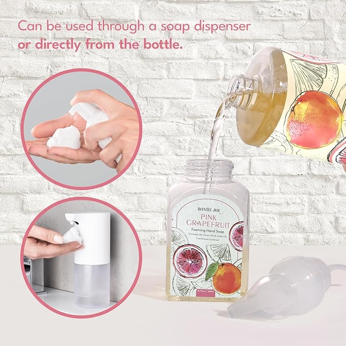 ROMIIE ZOI Foaming Hand Soap Refill Gift Set – 3 Pack *33.8 Fl Oz with Dispenser, Pink Grapefruit Scent–Moisturizing, Biodegradable & Chemical-Free Formula for Bathroom, Kitchen, Sensitive Skin
