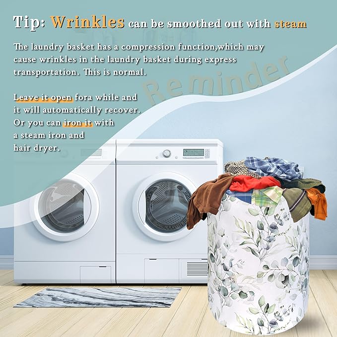 Watercolor Green Leaves Branches Laundry Hamper With Handles Foldable Oxford Cloth Tote Bag Colorful Laundry Basket Clothes Toy Storage Bucket 18.9" x 16.5" For Bathroom/Laundry/Bedroom