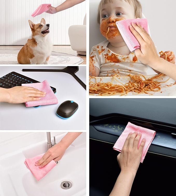 KitchLife Microfiber Cleaning Cloth Roll, 100 Pack - Tear-Away Microfiber Paper Towels, Lint-Free, Reusable, Washable for Kitchen, Car, Dishes, and Sensitive Surfaces (Pink)