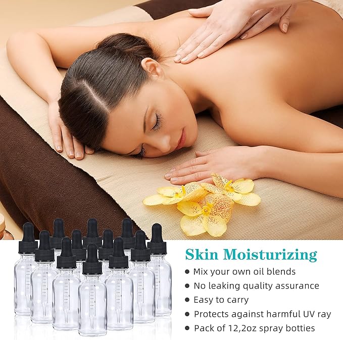 2 oz Dropper Bottle 12 Pack Clear Glass Boston Bottles 60ml with Eye Droppers Black Caps for Essential Oils, Perfume, Leak Proof Travel Bottles for Liquids