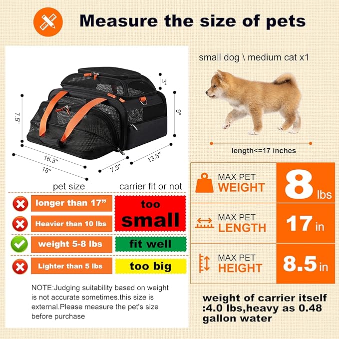 18x13.5x9 TSA Approved top and 1 Side Expandable pet Carrier for Small Dog Puppy cat up to 8 lbs Weight, for Spirit Southwest Airlines with Double Zipper Locks and 2 Pockets.