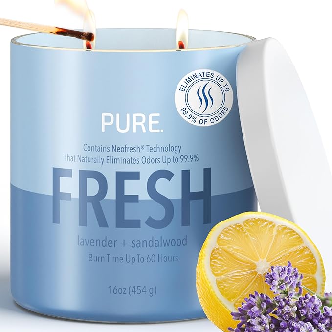 Candle-Lite Pure Lavender & Sandalwood Odor Eliminating Scented Candles, Neofresh Technology Eliminates 99.9% of Odors, 16 oz 2-Wick Jar, Proudly Poured in The USA, Up to 60 Hours Burn Time