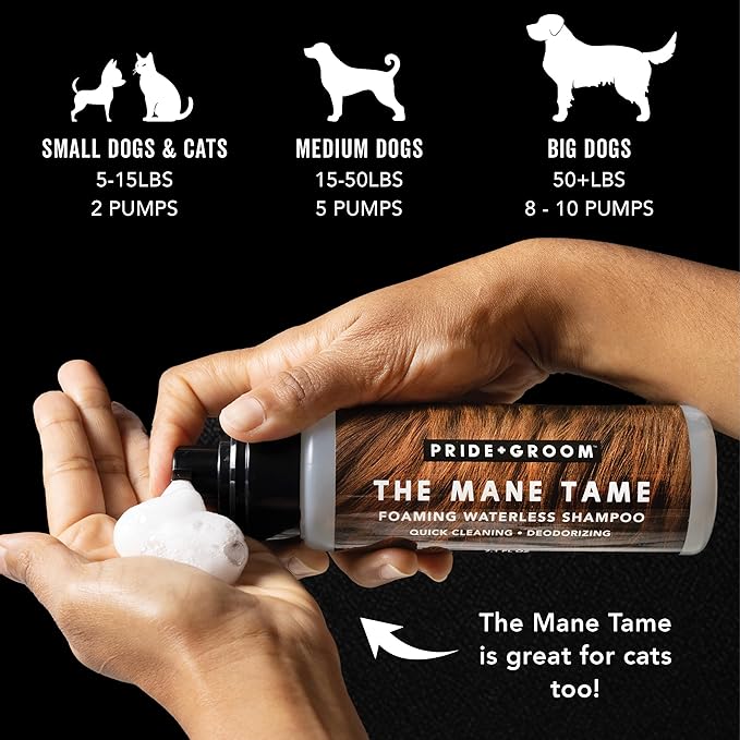 Pride and Groom The Mane Tame Dog Dry Shampoo – Waterless Foam for Dogs and Cats Made in USA for a Rinse Free Cleanse and to Eliminate Odor in Between Baths On-The-Go – 7.1 fl oz
