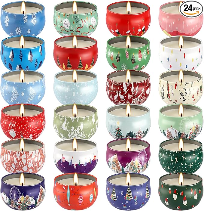 24Pack Christmas Scented Candle Tins Gift Set - Soy Wax Festive Candles 2.5oz- Long Lasting Burn time for Christmas Thanksgiving Gifts Holiday Decor & Gifting.