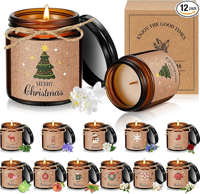 MTLEE 12 Pcs Christmas Candles Gifts Bulk Scented Candle Jars for Coworkers Women Aromatherapy Candles for Home Xmas Birthday Gifts Yoga (Cute Style)