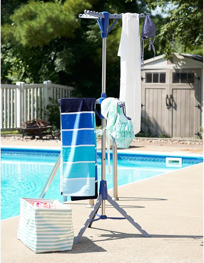 Household Essentials 5012-1 Portable 2-Tier Clothes Drying Rack Tri-pod | Dry Wet Laundry or Hang Clothes | Silver and Blue