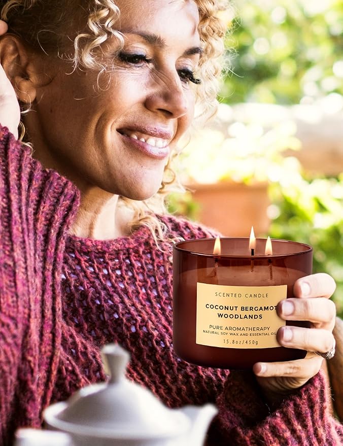 Coconut Bergamot Woodlands 3-Wick Soy Scented Candle, 15.8 oz - Clean Burn - Creamy Coconut, Bergamot & Balsam Woods - Large Aromatherapy Candle for Home Relaxation