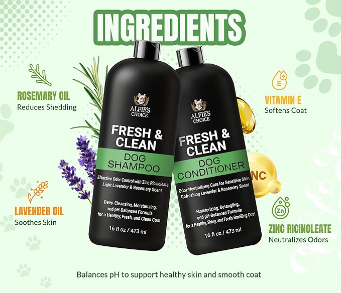 Fresh & Clean Dog Shampoo and Conditioner Set - Deodorizing Odor Control Wash with Lavender & Rosemary - Deep Cleansing Moisturizing Formula for Smelly Dogs -16 fl oz Each by Alfie’S Choice