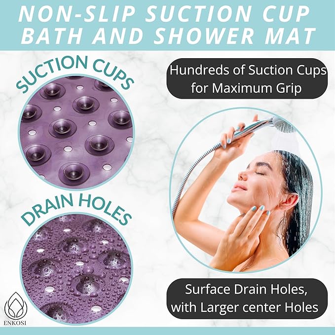 ENKOSI Bath Mat – 40 x 16 Inch Long Non-Slip Bathtub & Shower Mat with Suction Cups – Large PVC Bathroom Mat with Drain Holes for Tub & Shower (Bath - 40x16 Purple)