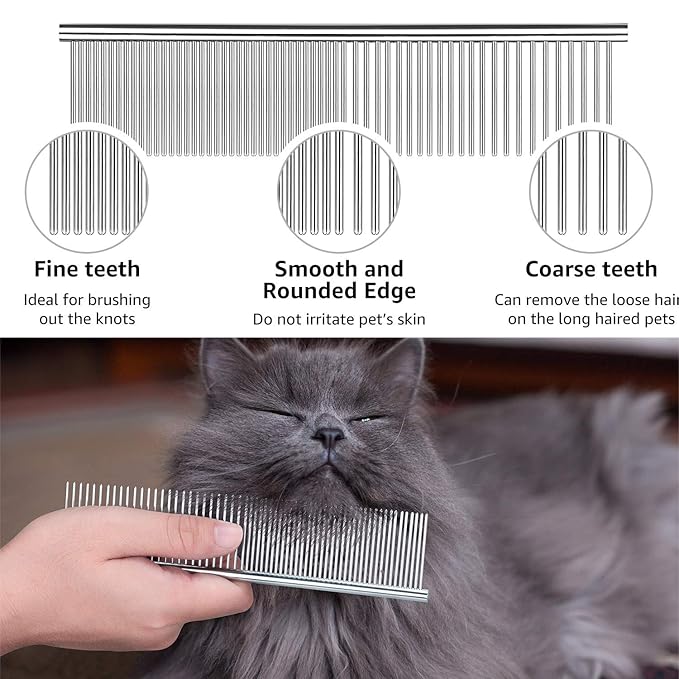 Flea Comb For Dogs & Cats Pet Comb Grooming Set 5 Pieces Metal Teeth Durable Remove Tear Stain Float Hair Combing tangled hair Dandruff Add Storage Pouch (pink)