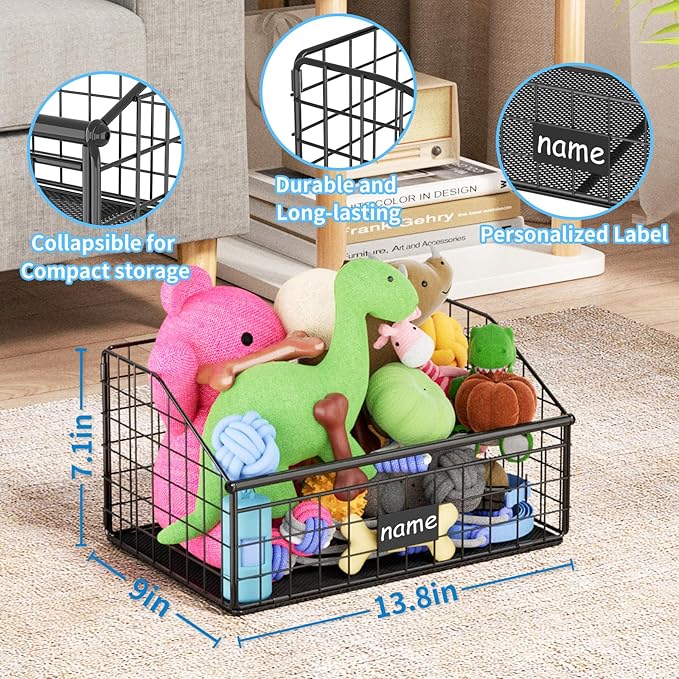 Indestructible Dog Toy basket, Small Toy Box for Dogs, Pet Toy Bin Dog Metal Basket for Toys, Toy Storage Organizer, Cat Toy Box for Living Room Area(Black)