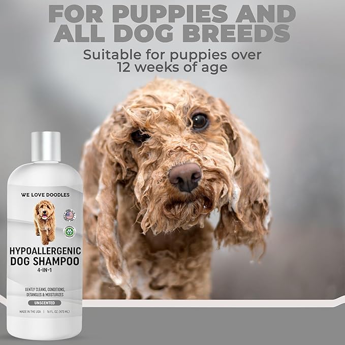 Hypoallergenic Dog Shampoo, Conditioner, and Detangler | Made in USA | Eco-Friendly Ingredients | Shampoo for Dogs with Sensitive Skin & Allergies | 16 OZ [We Love Doodles]