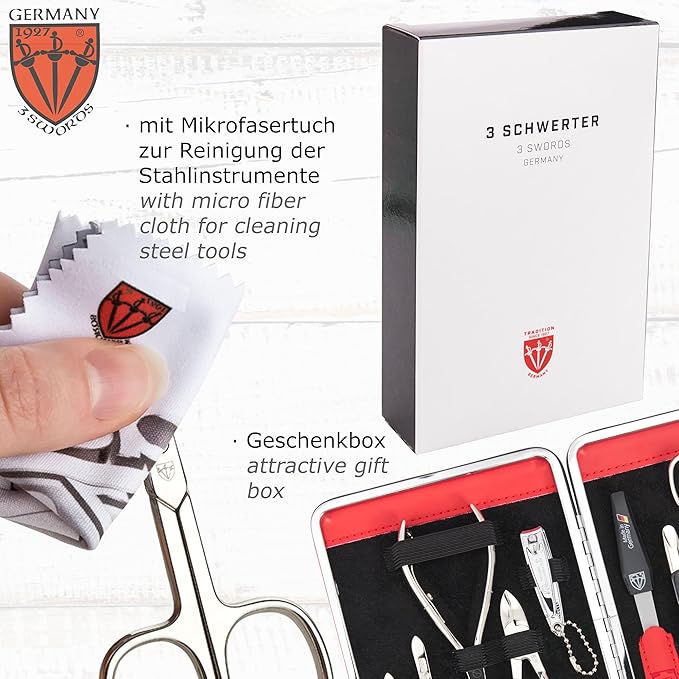 3 Swords Germany - brand quality 11 piece manicure pedicure grooming kit set for professional finger & toe nail care scissors clipper red genuine leather case in gift box, Made in Germany