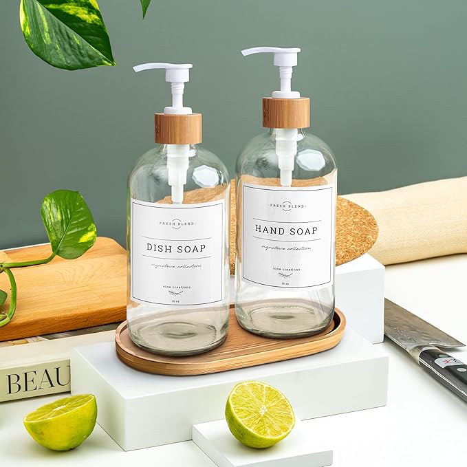 Vine Creations Glass Soap Dispenser Set - Kitchen Soap Dispenser Set with Tray - Bamboo Dish Soap and Hand Soap Dispensers Set for Bathroom - White Kitchen Decor with Waterproof Labels (Clear)