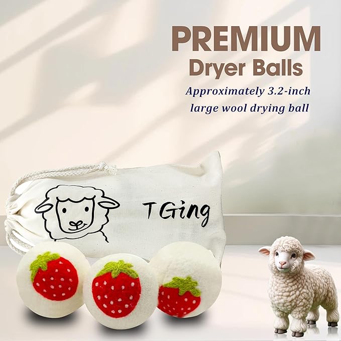 Wool Dryer Balls，New Zealand Wool Laundry Balls for Dryer (Pack of 3, Strawberry Handmade Pattern)，Softens Clothes,Naturally Reduces Drying Time and Static Electricity