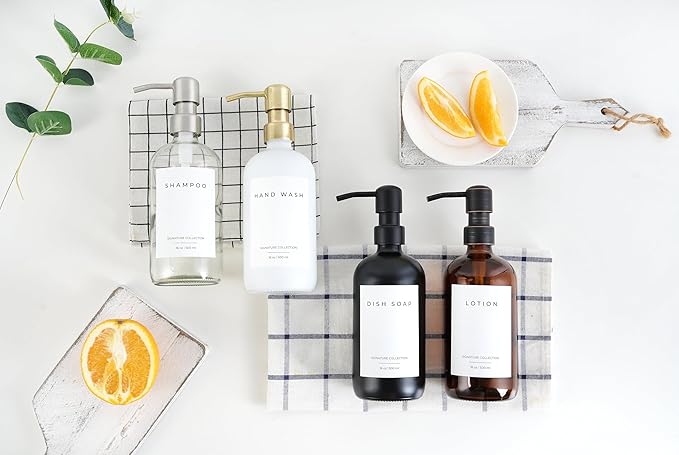 Emerson Soap Dispenser, Dish Soap Dispenser for Kitchen, Soap Dispenser Bathroom Set - Hand Soap Dispenser, Kitchen Soap Dispenser Set, Glass Soap Dispenser with Pump and Labels - 16 Oz, 2 Pack