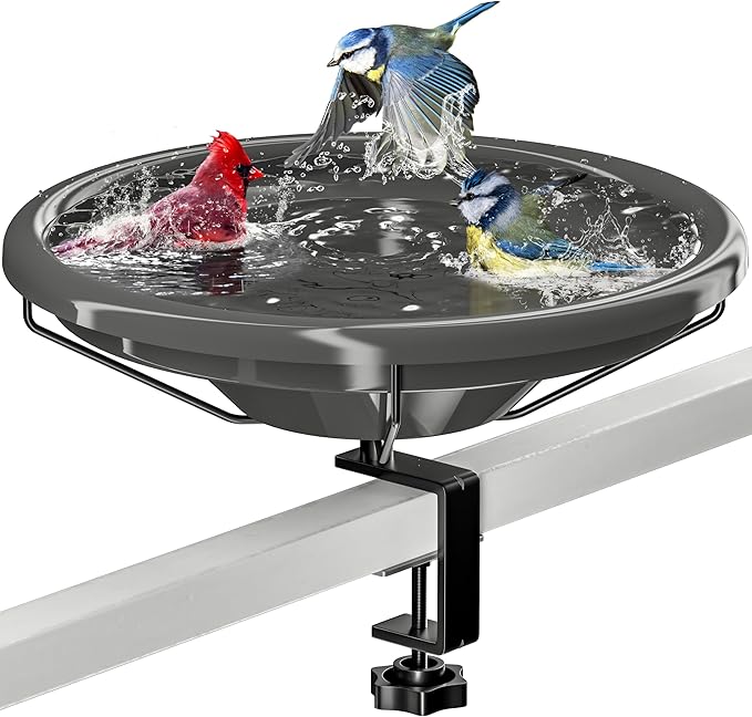 iBorn Bird Bath,Deck Mounted Bird Baths 12inch,Birdbath for Outside with Clamp 3.2inch,BPA-Free Bowl,Chew-Proof,Fully Detachable Design,Easy Clean & Refill,Gray,1 Pack（Not Include Fountain）