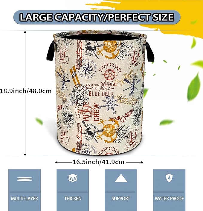 Anchor Laundry Basket Compass Seafaring Foldable Oxford Cloth Funny Tote Bag Laundry Hamper Clothes Storage Bucket Toy Organizer For Bathroom/Laundry Storage/Bedroom 18.9x16.5 Inch