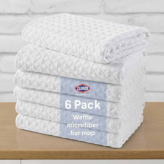 CLOROX Waffle Bar Mops - Microfiber Quick Dry Extra Large Dishcloths - Absorbent Multipurpose Cleaning Cloths for Restaurants, Kitchen, Bathroom, Hotel - 16" x 19" - White 6 Pack